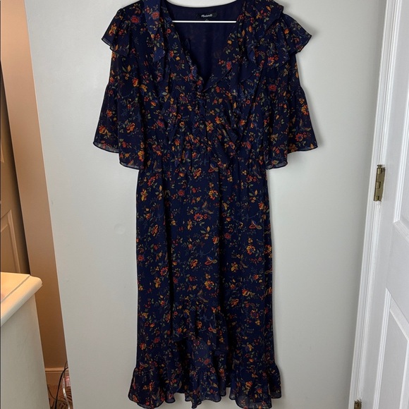Madewell Navy Ruffle Floral Long Sleeve Dress - 4 - Picture 4 of 12